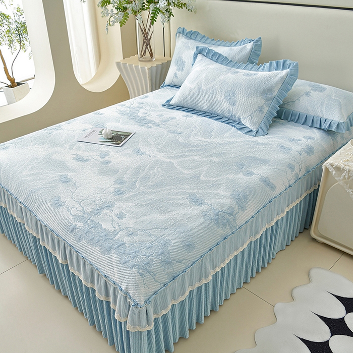 91家纺网 家纺一手货源 找家纺 （总）诺梵家纺 2026新款凉豆豆PE高分子凉感花边床裙凉席三件套