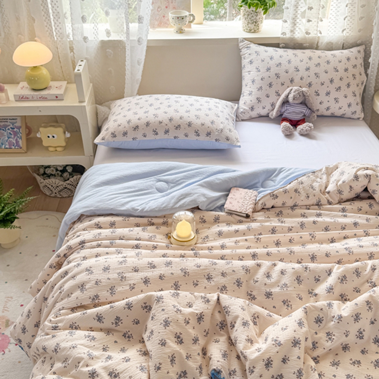 91家纺网 家纺一手货源 找家纺 雅蔓依家纺 2026春夏新款三角针贝壳边木棉云感双层纱棉花夏被夏凉被空调被 墨兰