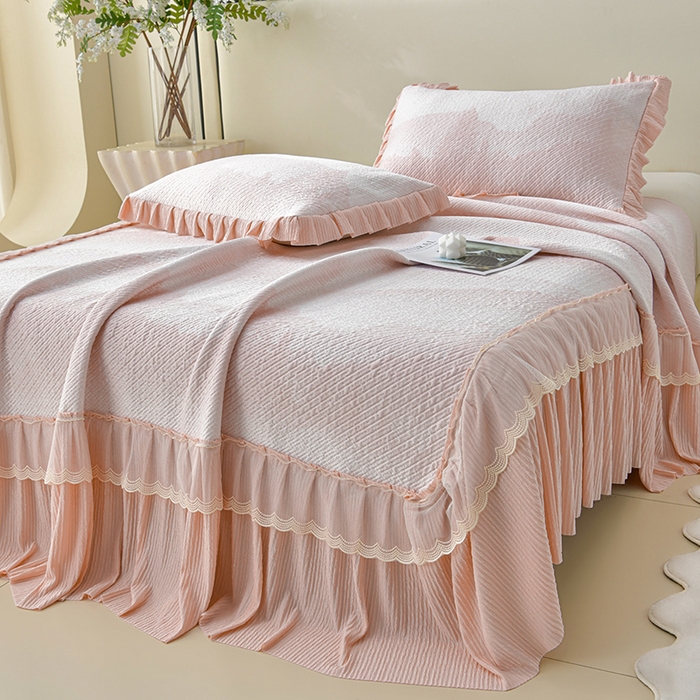 91家纺网 家纺一手货源 找家纺 （总）诺梵家纺 2026新款凉豆豆PE高分子凉感花边床裙凉席三件套