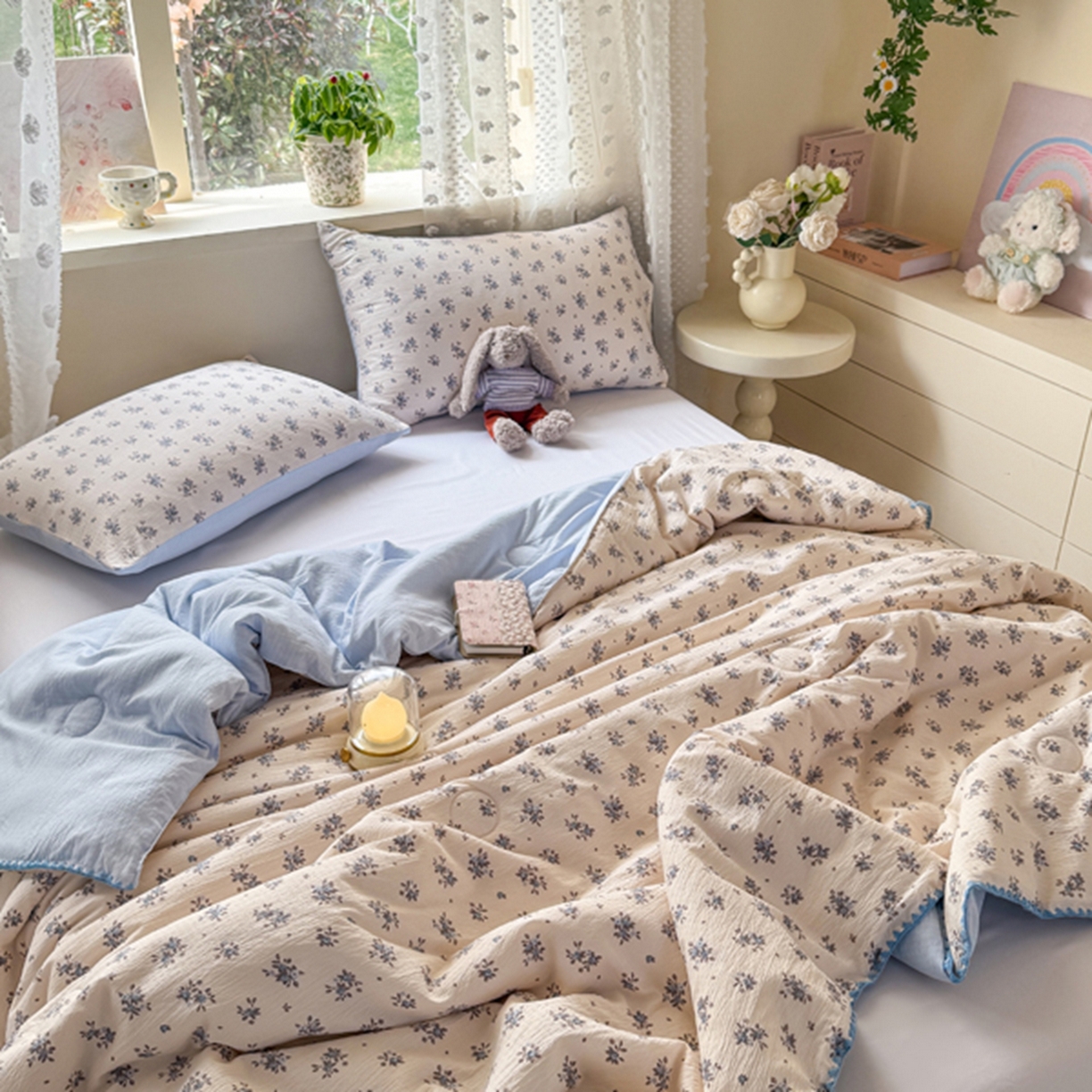 91家纺网 家纺一手货源 找家纺 雅蔓依家纺 2026春夏新款三角针贝壳边木棉云感双层纱棉花夏被夏凉被空调被 墨兰