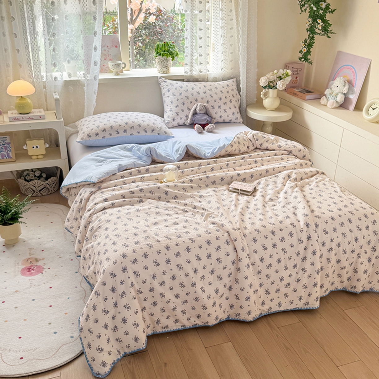 91家纺网 家纺一手货源 找家纺 雅蔓依家纺 2026春夏新款三角针贝壳边木棉云感双层纱棉花夏被夏凉被空调被 墨兰