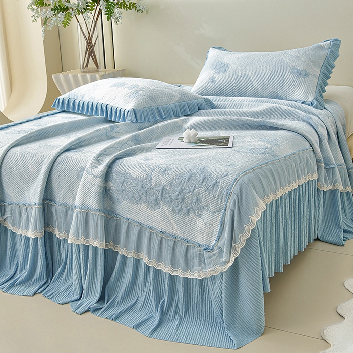 诺梵家纺 2026新款凉豆豆PE高分子凉感花边床裙凉席三件套 松间月-蓝