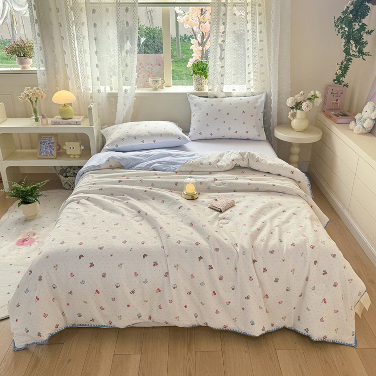 91家纺网 家纺一手货源 找家纺 雅蔓依家纺 2026春夏新款三角针贝壳边木棉云感双层纱棉花夏被夏凉被空调被 小清新