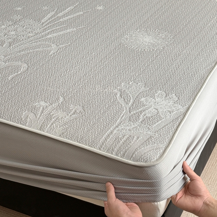 91家纺网 家纺一手货源 找家纺 鑫琪莱家纺 2026新款提花浮雕凉豆豆凉感凉席床笠款 蒲公英灰