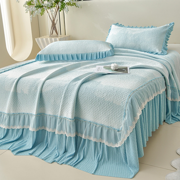 诺梵家纺 2026新款凉豆豆PE高分子凉感花边床裙凉席三件套 见山-蓝