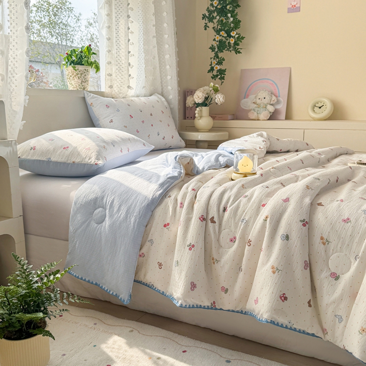 91家纺网 家纺一手货源 找家纺 雅蔓依家纺 2026春夏新款三角针贝壳边木棉云感双层纱棉花夏被夏凉被空调被 小清新