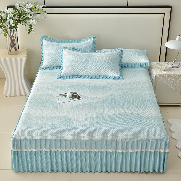 91家纺网 家纺一手货源 找家纺 诺梵家纺 2026新款凉豆豆PE高分子凉感花边床裙凉席三件套 见山-蓝