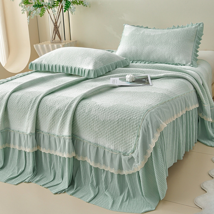 诺梵家纺 2026新款凉豆豆PE高分子凉感花边床裙凉席三件套 见山-绿