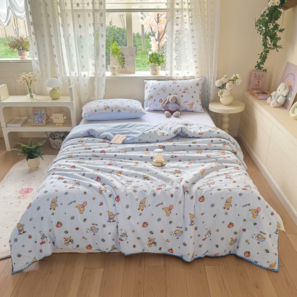 91家纺网 家纺一手货源 找家纺 雅蔓依家纺 2026春夏新款三角针贝壳边木棉云感双层纱棉花夏被夏凉被空调被 星星人