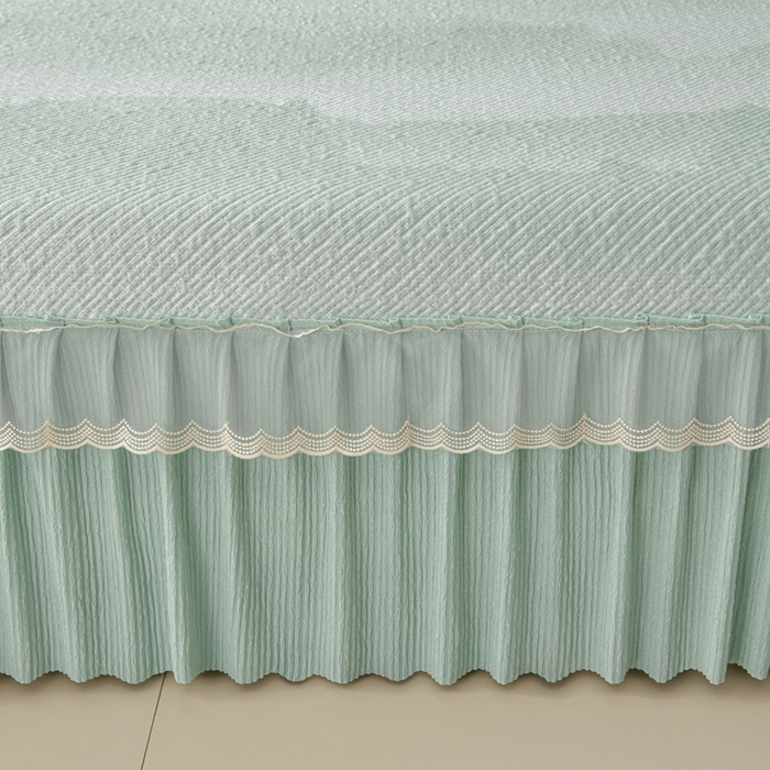 91家纺网 家纺一手货源 找家纺 诺梵家纺 2026新款凉豆豆PE高分子凉感花边床裙凉席三件套 见山-绿