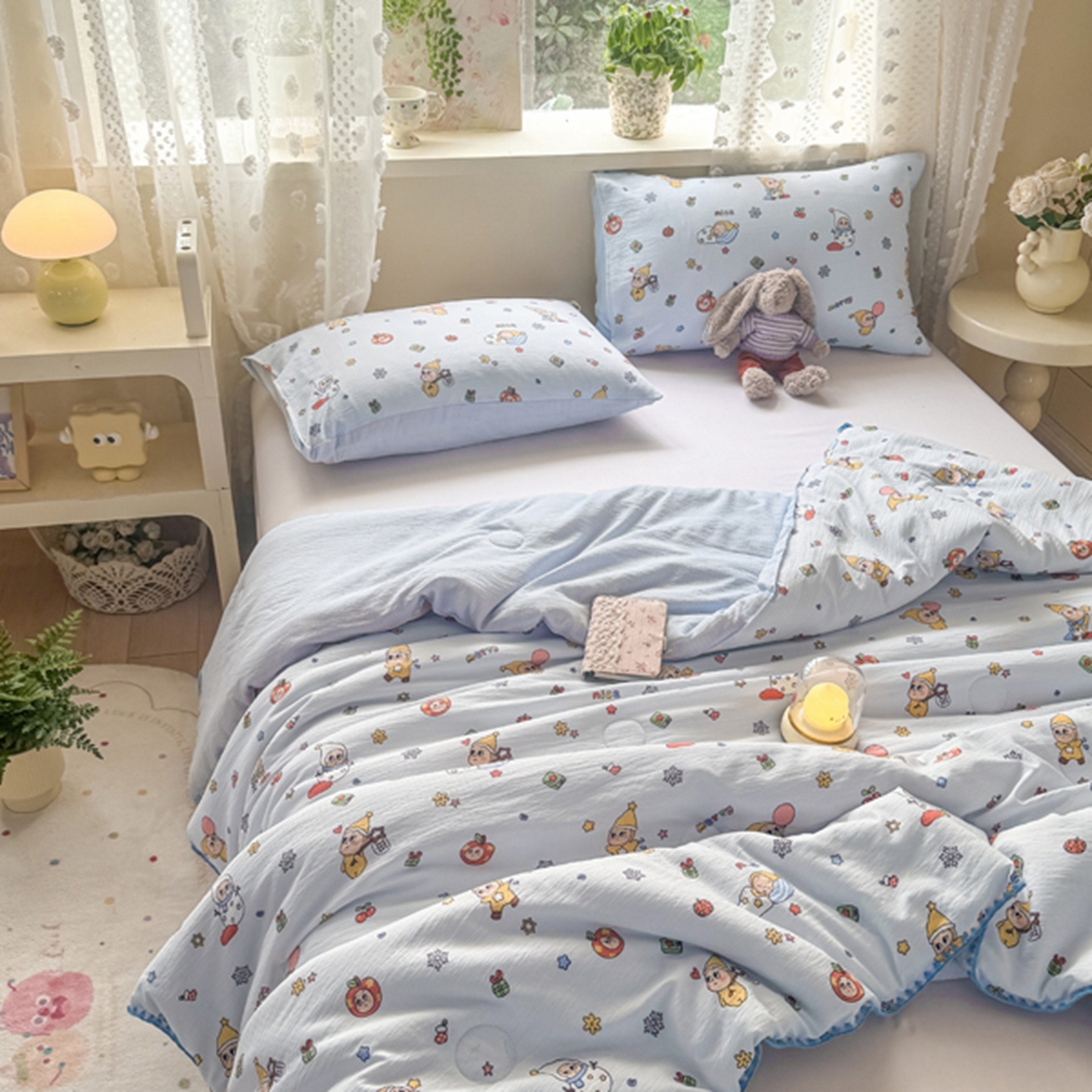 91家纺网 家纺一手货源 找家纺 雅蔓依家纺 2026春夏新款三角针贝壳边木棉云感双层纱棉花夏被夏凉被空调被 星星人