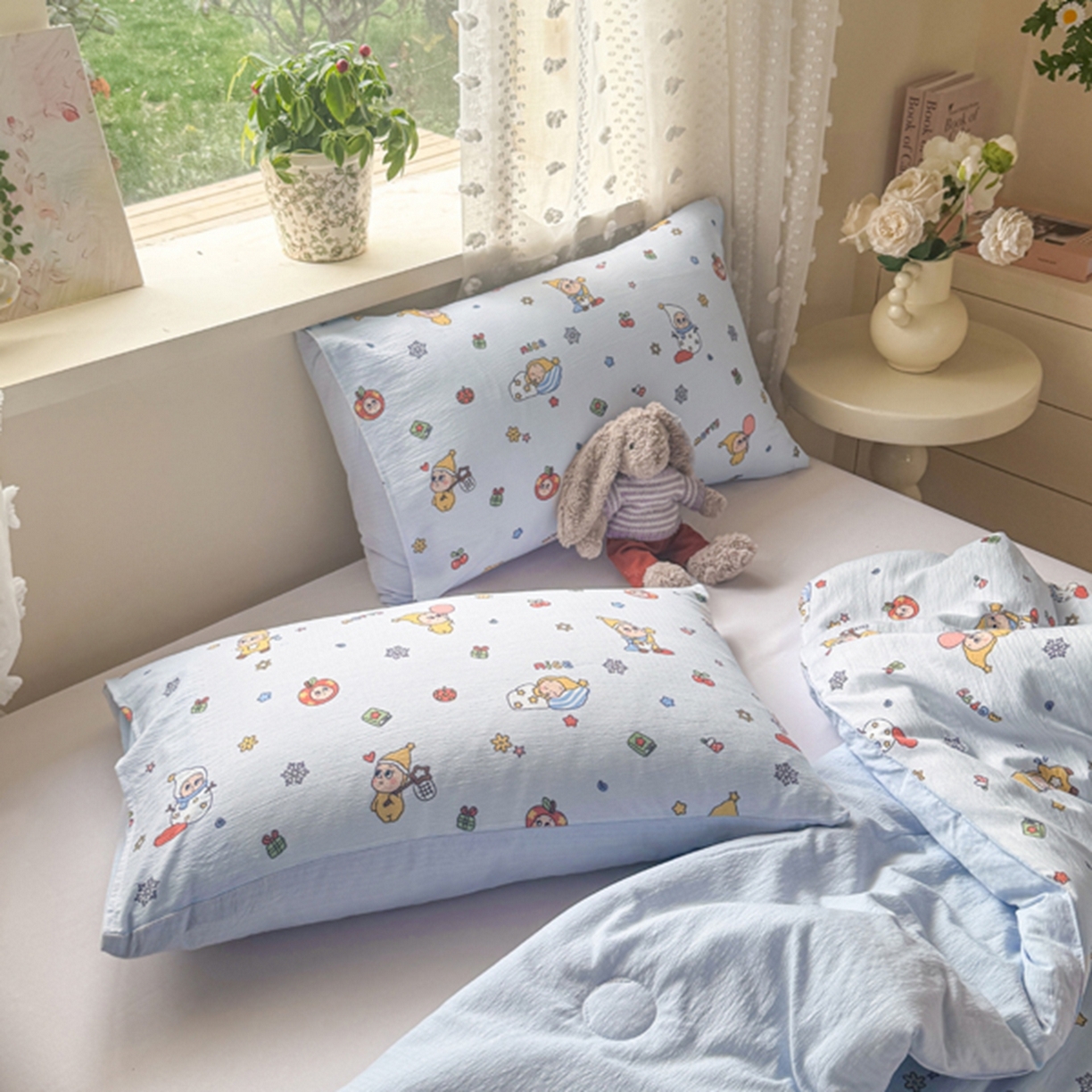 91家纺网 家纺一手货源 找家纺 雅蔓依家纺 2026春夏新款三角针贝壳边木棉云感双层纱棉花夏被夏凉被空调被 星星人