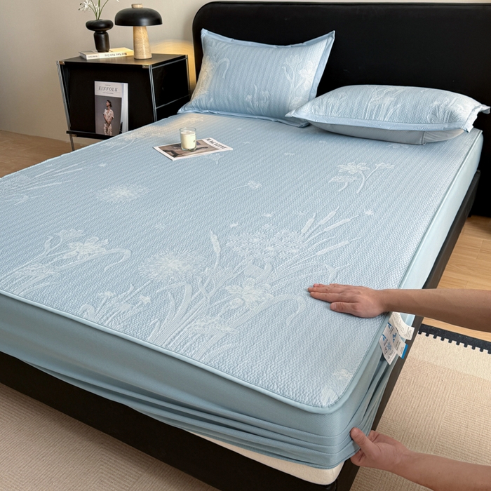 鑫琪莱家纺 2026新款提花浮雕凉豆豆凉感凉席床笠款 蒲公英蓝