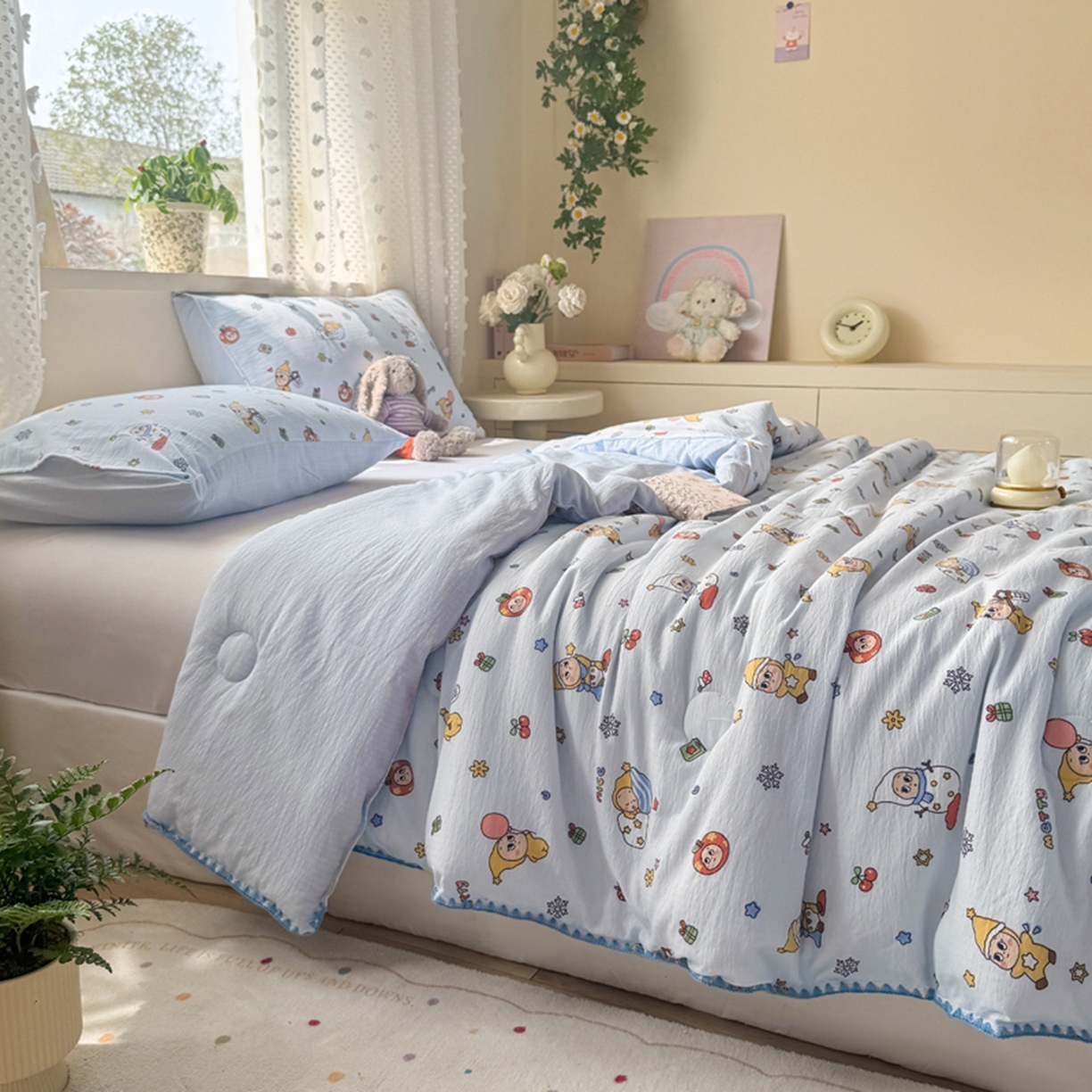 91家纺网 家纺一手货源 找家纺 雅蔓依家纺 2026春夏新款三角针贝壳边木棉云感双层纱棉花夏被夏凉被空调被 星星人