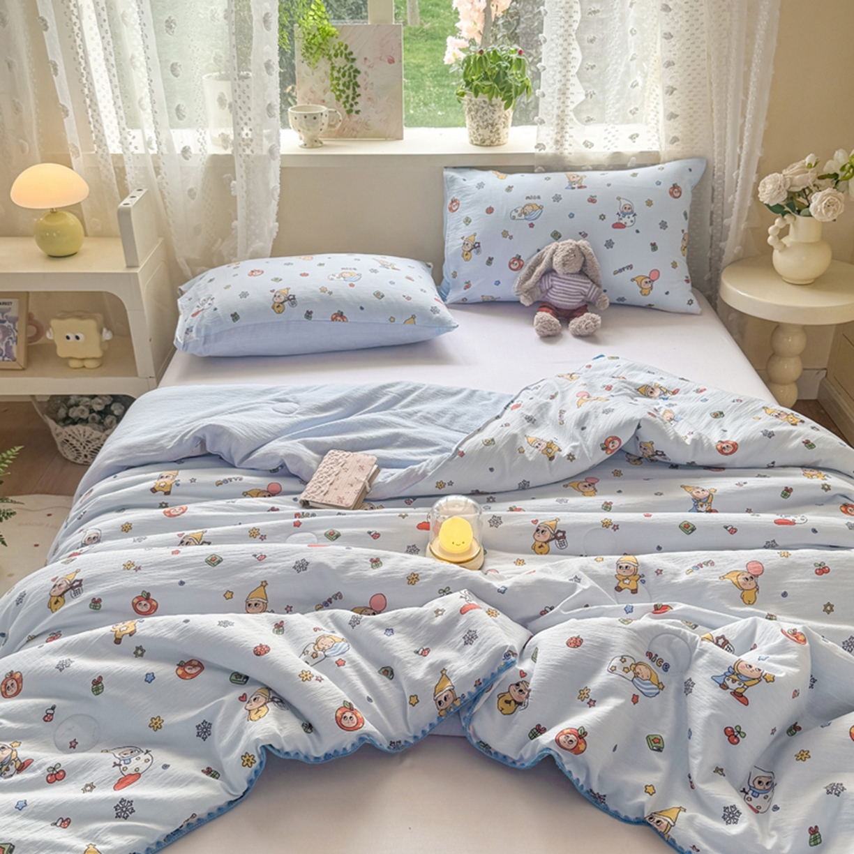 91家纺网 家纺一手货源 找家纺 雅蔓依家纺 2026春夏新款三角针贝壳边木棉云感双层纱棉花夏被夏凉被空调被 星星人