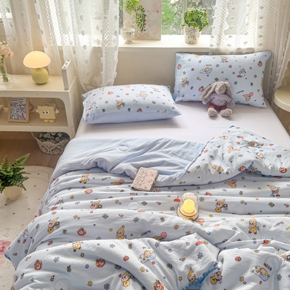 91家纺网 家纺一手货源 找家纺 雅蔓依家纺 2026春夏新款三角针贝壳边木棉云感双层纱棉花夏被夏凉被空调被 星星人