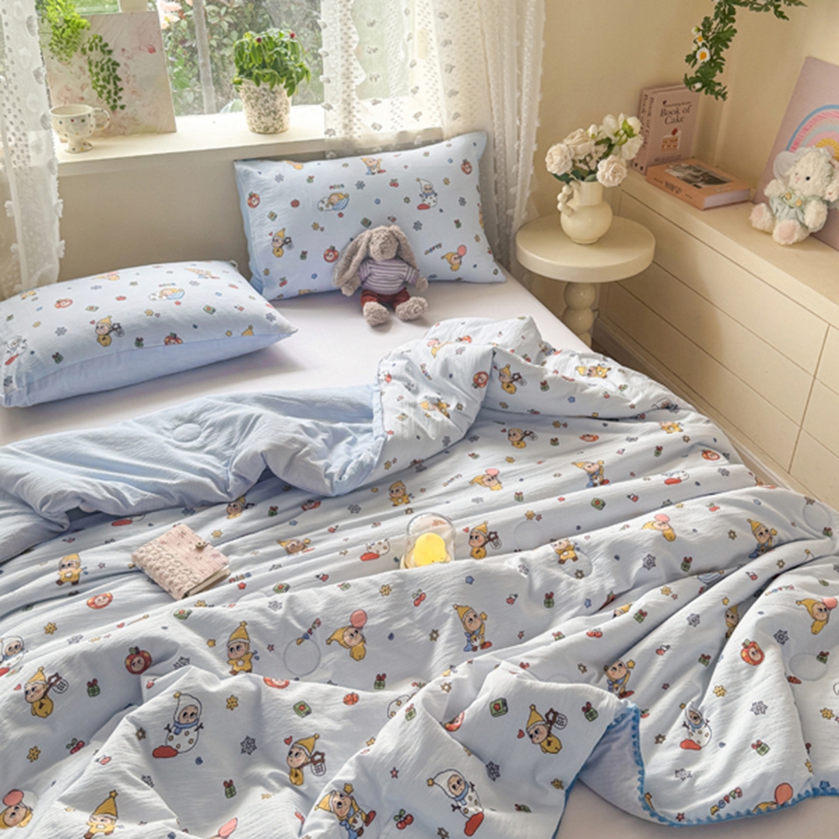 91家纺网 家纺一手货源 找家纺 雅蔓依家纺 2026春夏新款三角针贝壳边木棉云感双层纱棉花夏被夏凉被空调被 星星人