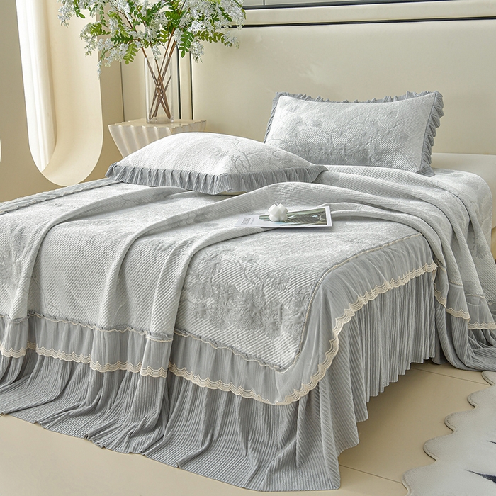 诺梵家纺 2026新款凉豆豆PE高分子凉感花边床裙凉席三件套 松间月-灰