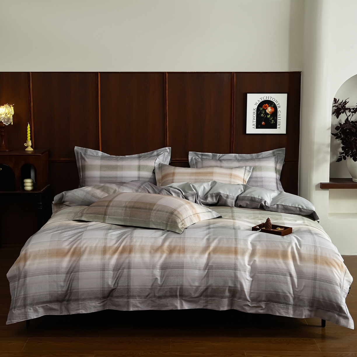 金昱纺 2026新款全棉50S长绒棉数码印花宽边埋绳款四件套（带精美礼盒包装） 摩卡-绿