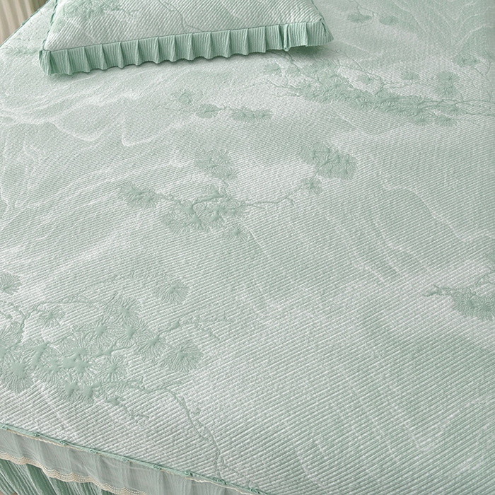 91家纺网 家纺一手货源 找家纺 诺梵家纺 2026新款凉豆豆PE高分子凉感花边床裙凉席三件套 松间月-绿