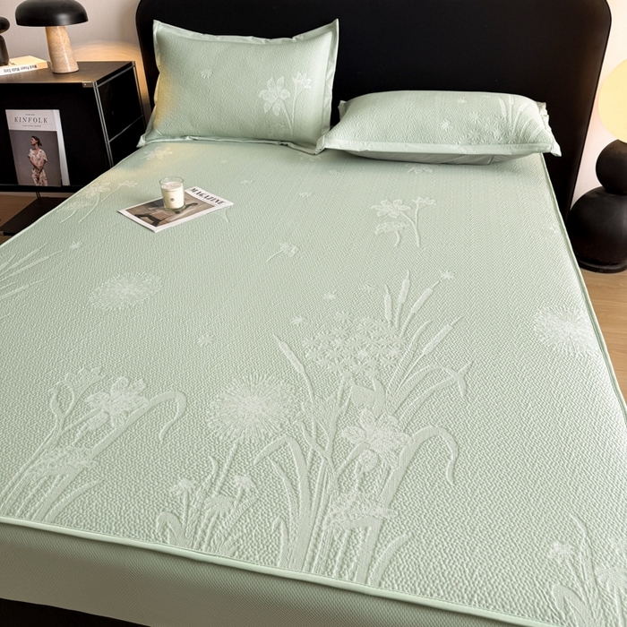 91家纺网 家纺一手货源 找家纺 鑫琪莱家纺 2026新款提花浮雕凉豆豆凉感凉席床笠款 蒲公英绿