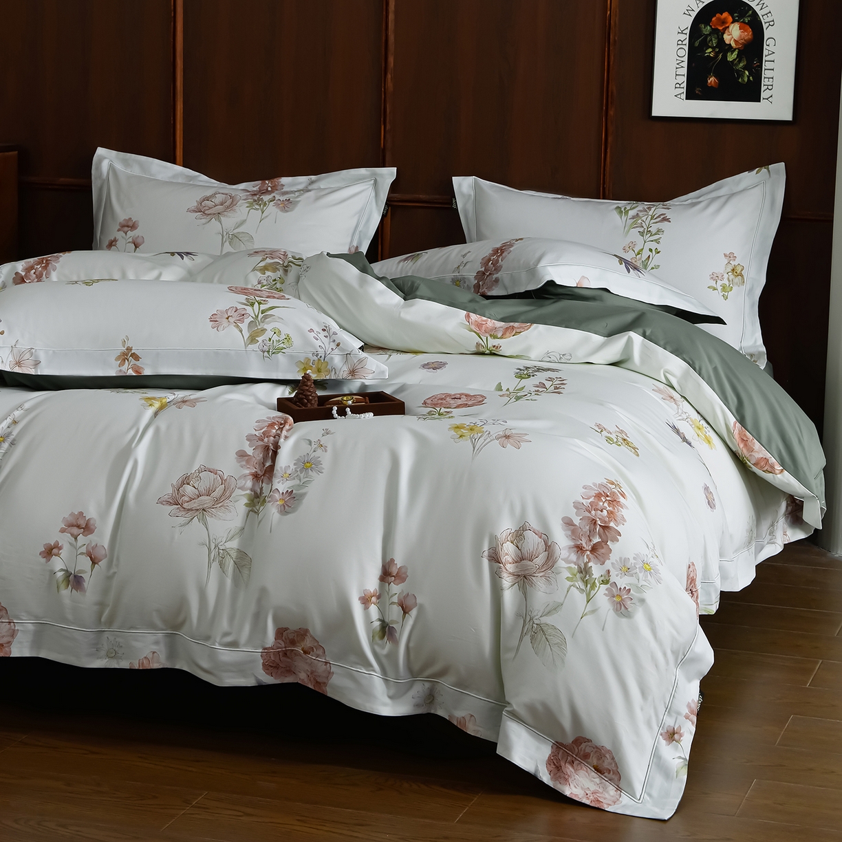 91家纺网 家纺一手货源 找家纺 金昱纺 2026新款全棉50S长绒棉数码印花宽边埋绳款四件套（带精美礼盒包装） 甜梦花栖