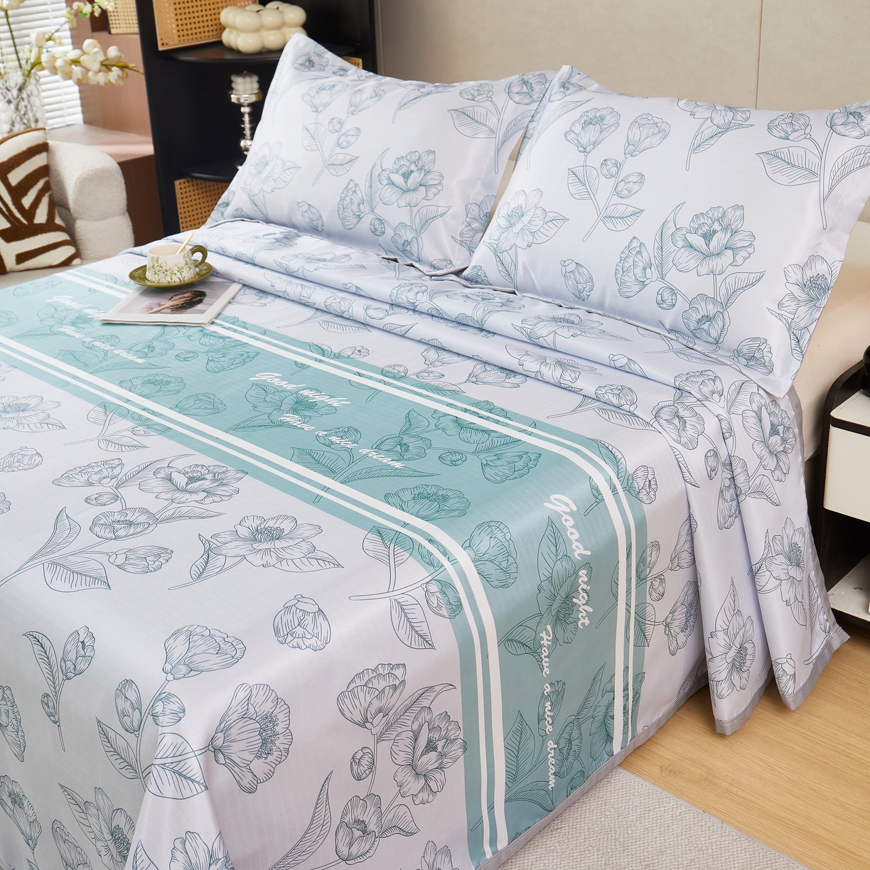 91家纺网 家纺一手货源 找家纺 星窝家纺 2026新款直播电商优选可机洗斜纹提花冰丝凉席三件套 清韵