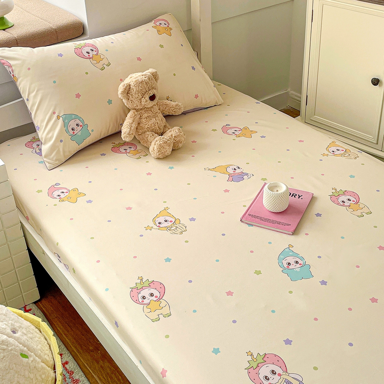 91家纺网 家纺一手货源 找家纺 纽缦家纺 2026新款A类105g仿棉四件套古法水洗棉学生单床笠 星星