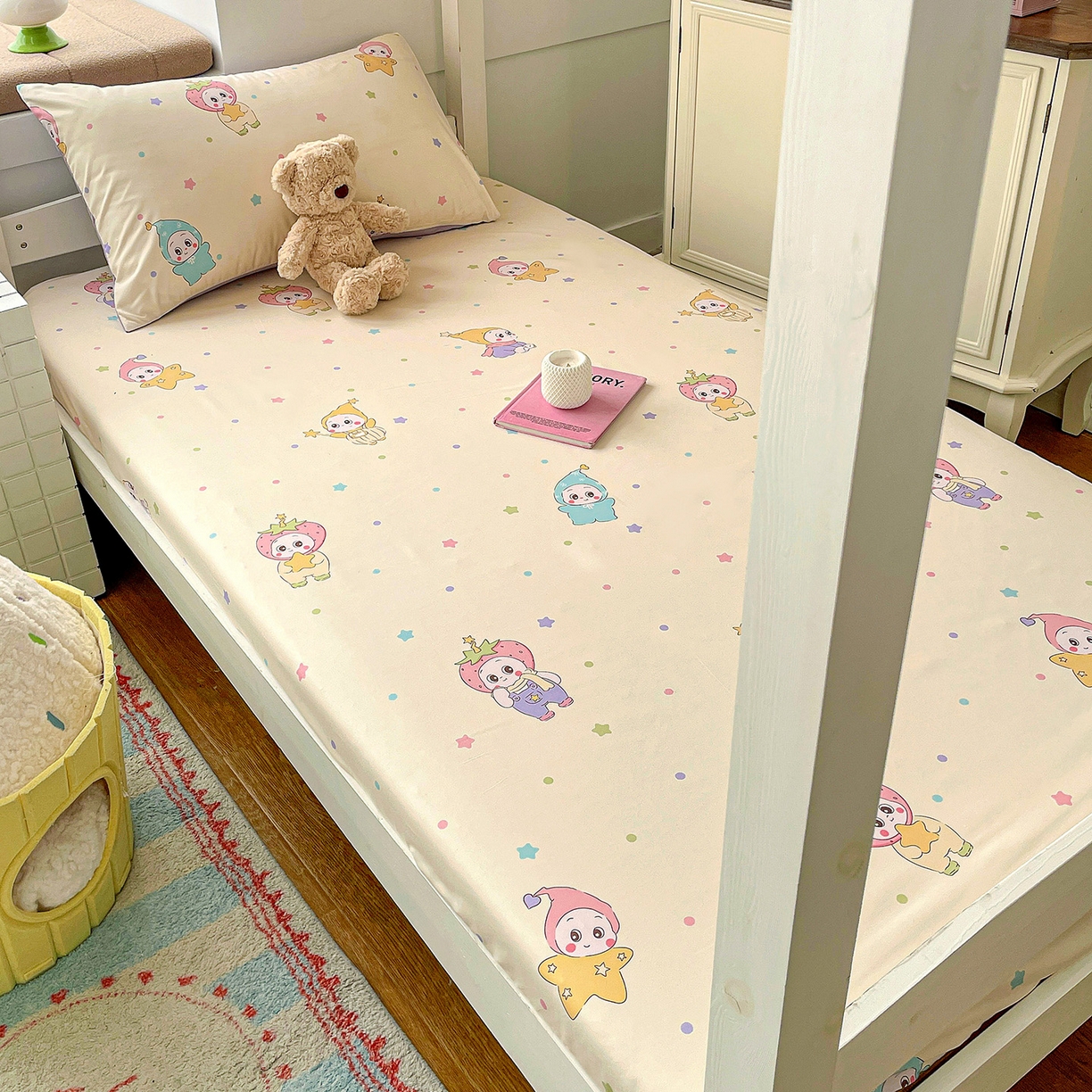 91家纺网 家纺一手货源 找家纺 纽缦家纺 2026新款A类105g仿棉四件套古法水洗棉学生单床笠 星星