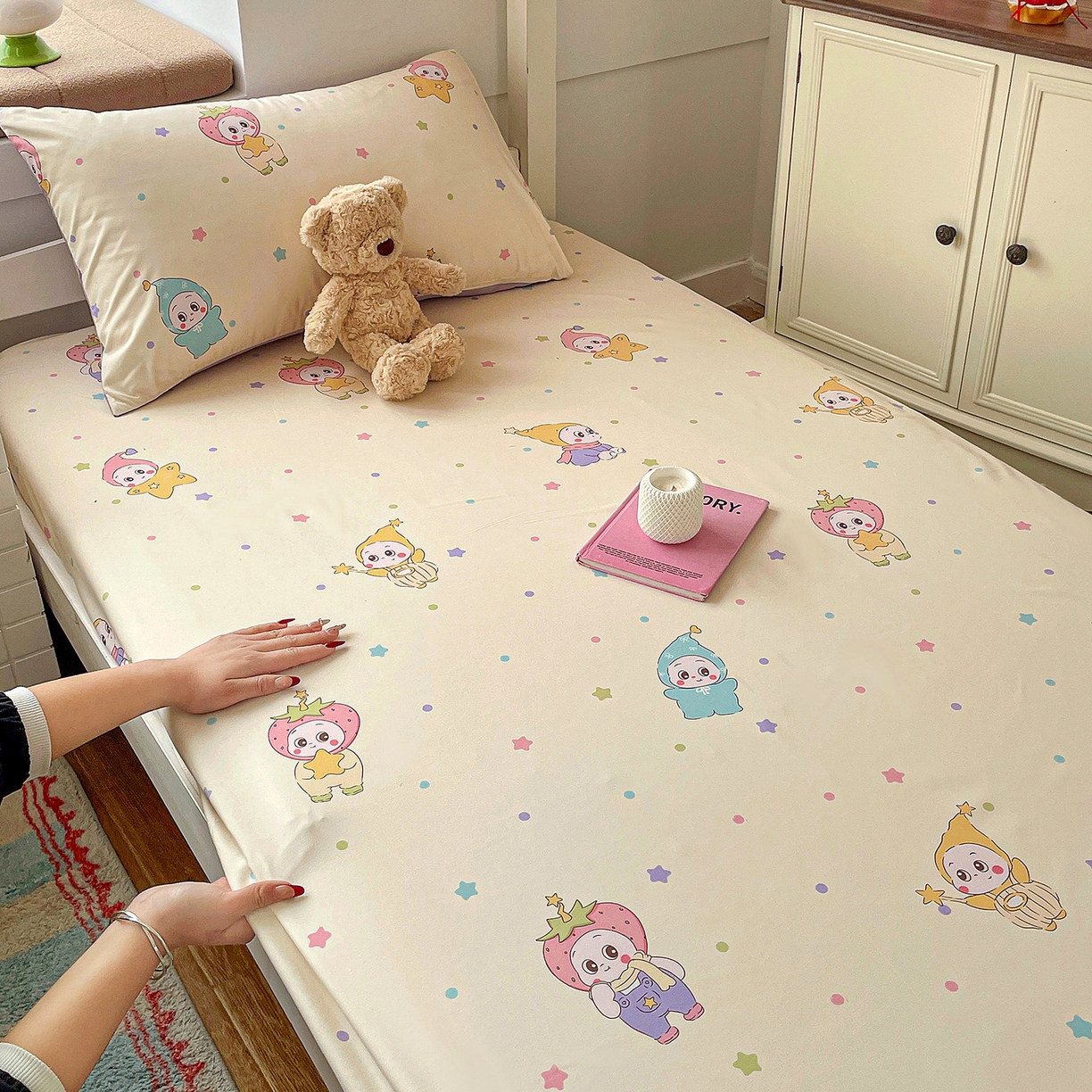 91家纺网 家纺一手货源 找家纺 纽缦家纺 2026新款A类105g仿棉四件套古法水洗棉学生单床笠 星星