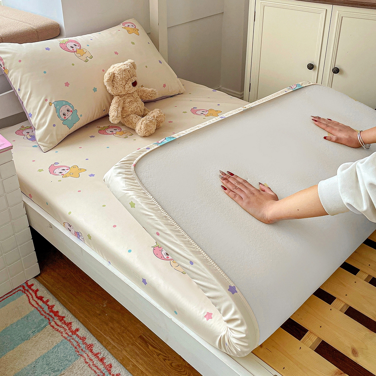 91家纺网 家纺一手货源 找家纺 纽缦家纺 2026新款A类105g仿棉四件套古法水洗棉学生单床笠 星星