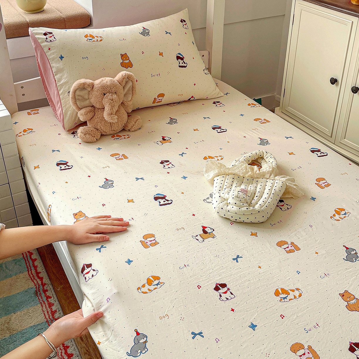 91家纺网 家纺一手货源 找家纺 纽缦家纺 2026新款A类105g仿棉四件套古法水洗棉学生单床笠 洛奇