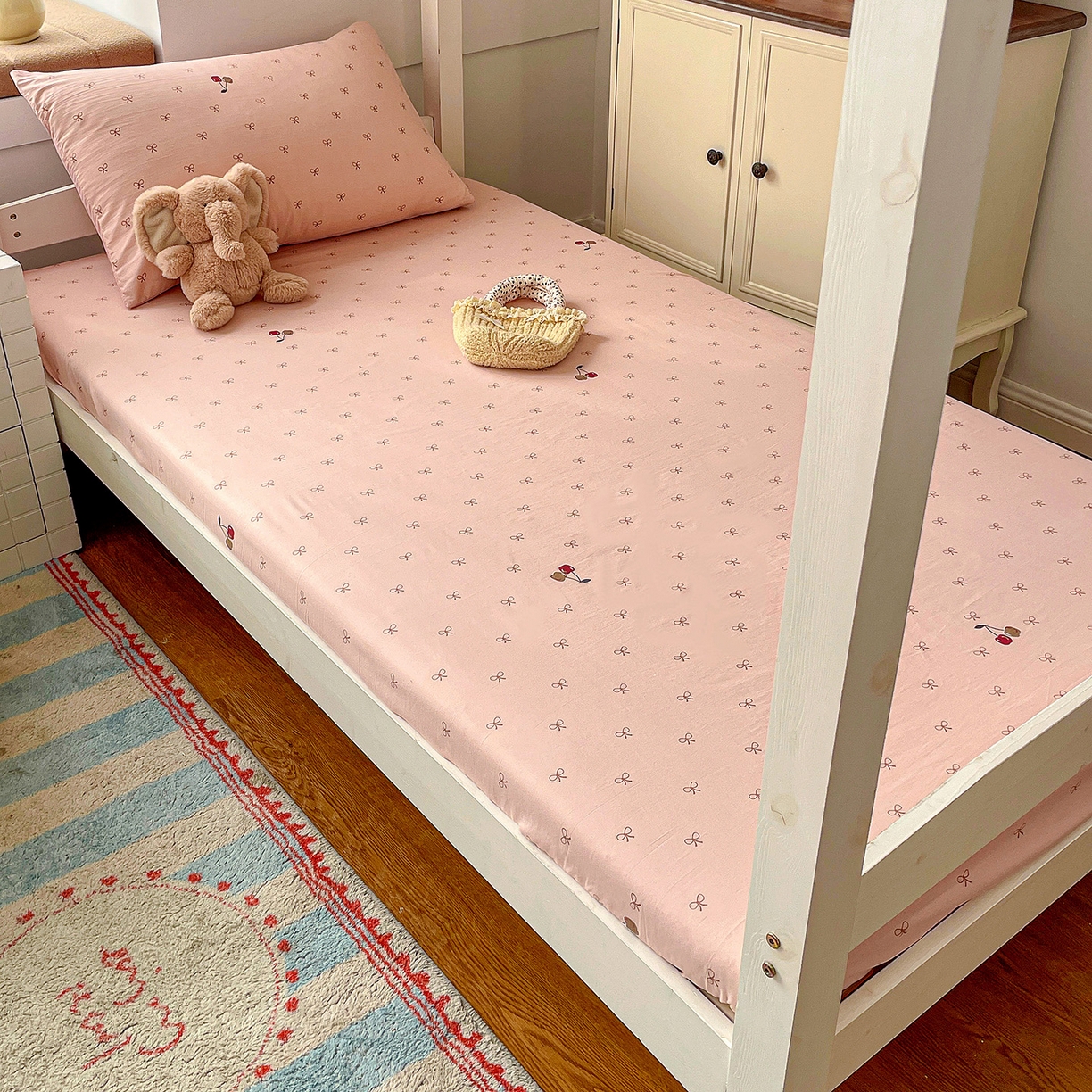 纽缦家纺 2026新款A类105g仿棉四件套古法水洗棉学生单床笠 梦樱粉