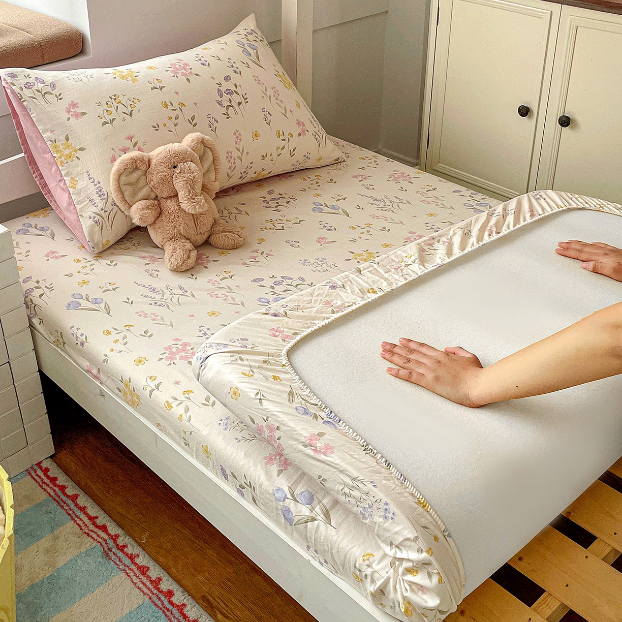 91家纺网 家纺一手货源 找家纺 纽缦家纺 2026新款A类105g仿棉四件套古法水洗棉学生单床笠 聆风