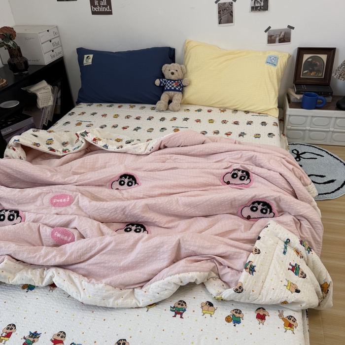 三元色 2026新款正版蜡笔小新泡芙双层纱夏被夏凉被 樱粉小新