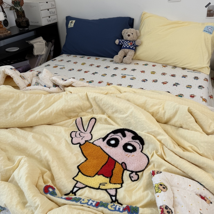 91家纺网 家纺一手货源 找家纺 三元色 2026新款正版蜡笔小新泡芙双层纱夏被夏凉被 欧耶小新