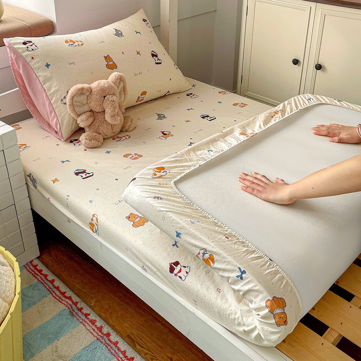 91家纺网 家纺一手货源 找家纺 纽缦家纺 2026新款A类105g仿棉四件套古法水洗棉学生单床笠 洛奇