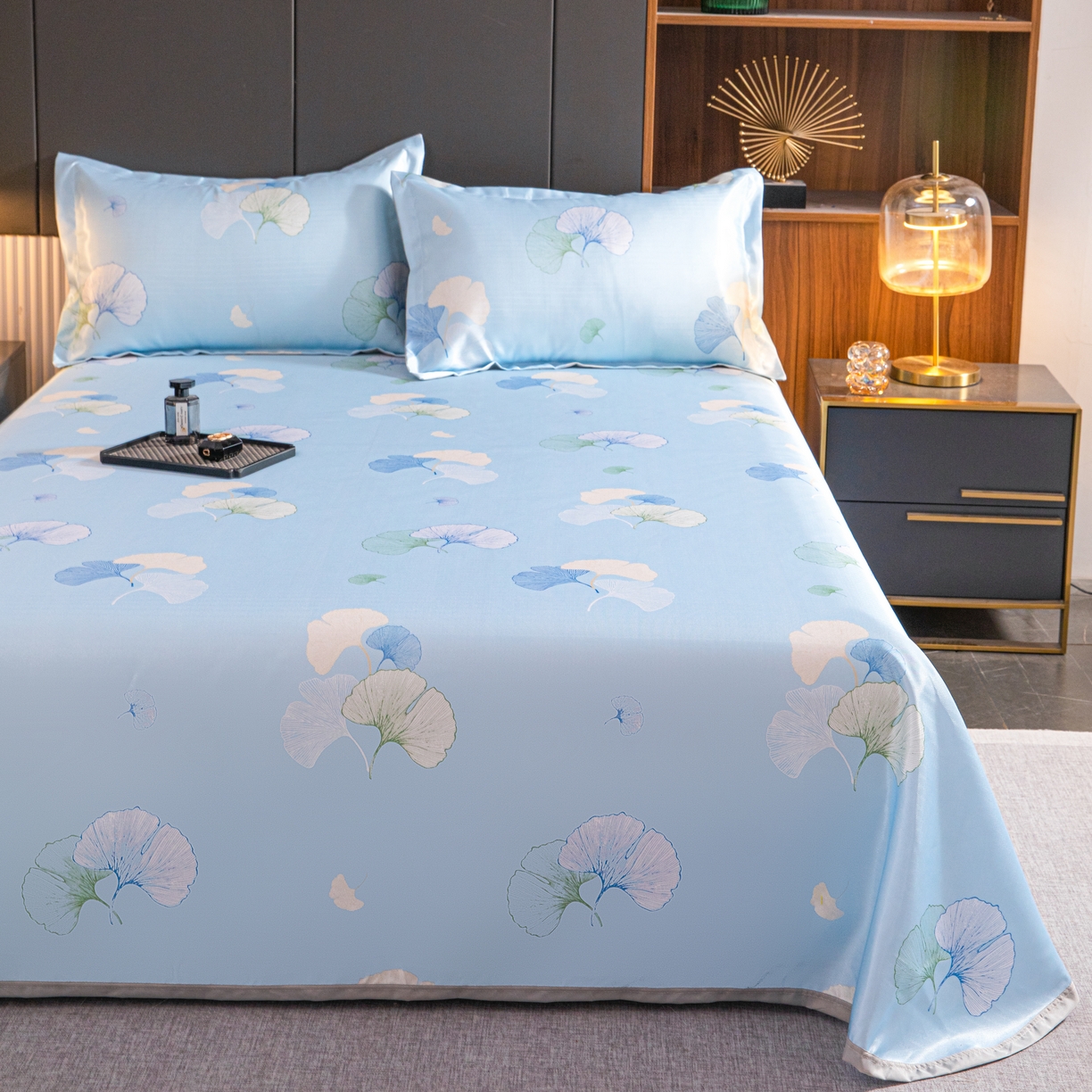 91家纺网 家纺一手货源 找家纺 星窝家纺 2026新款直播电商优选可机洗斜纹提花冰丝凉席三件套 银杏叶蓝