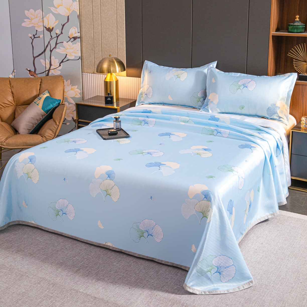 91家纺网 家纺一手货源 找家纺 星窝家纺 2026新款直播电商优选可机洗斜纹提花冰丝凉席三件套 银杏叶蓝