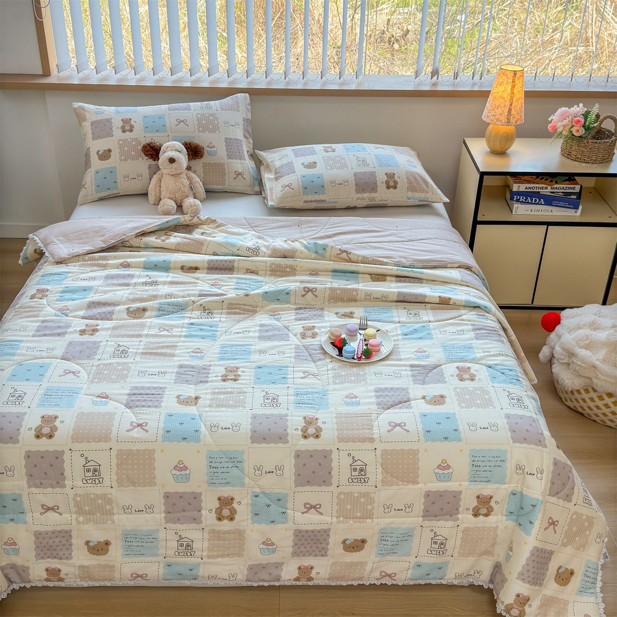 91家纺网 家纺一手货源 找家纺 晨晨家纺 2026新款双面全棉花边款新疆棉花夏被 饼干熊