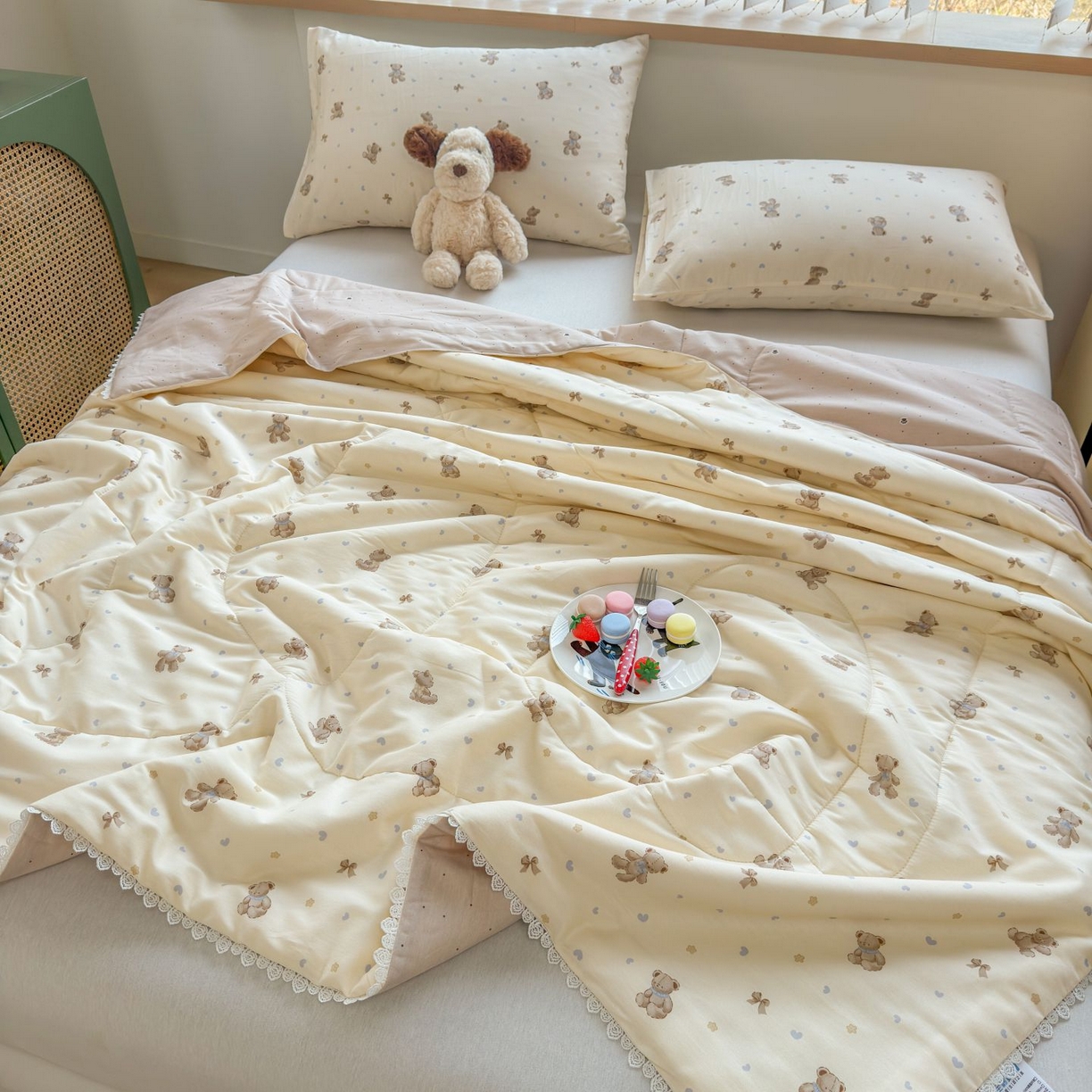 91家纺网 家纺一手货源 找家纺 晨晨家纺 2026新款双面全棉花边款新疆棉花夏被 泡泡熊