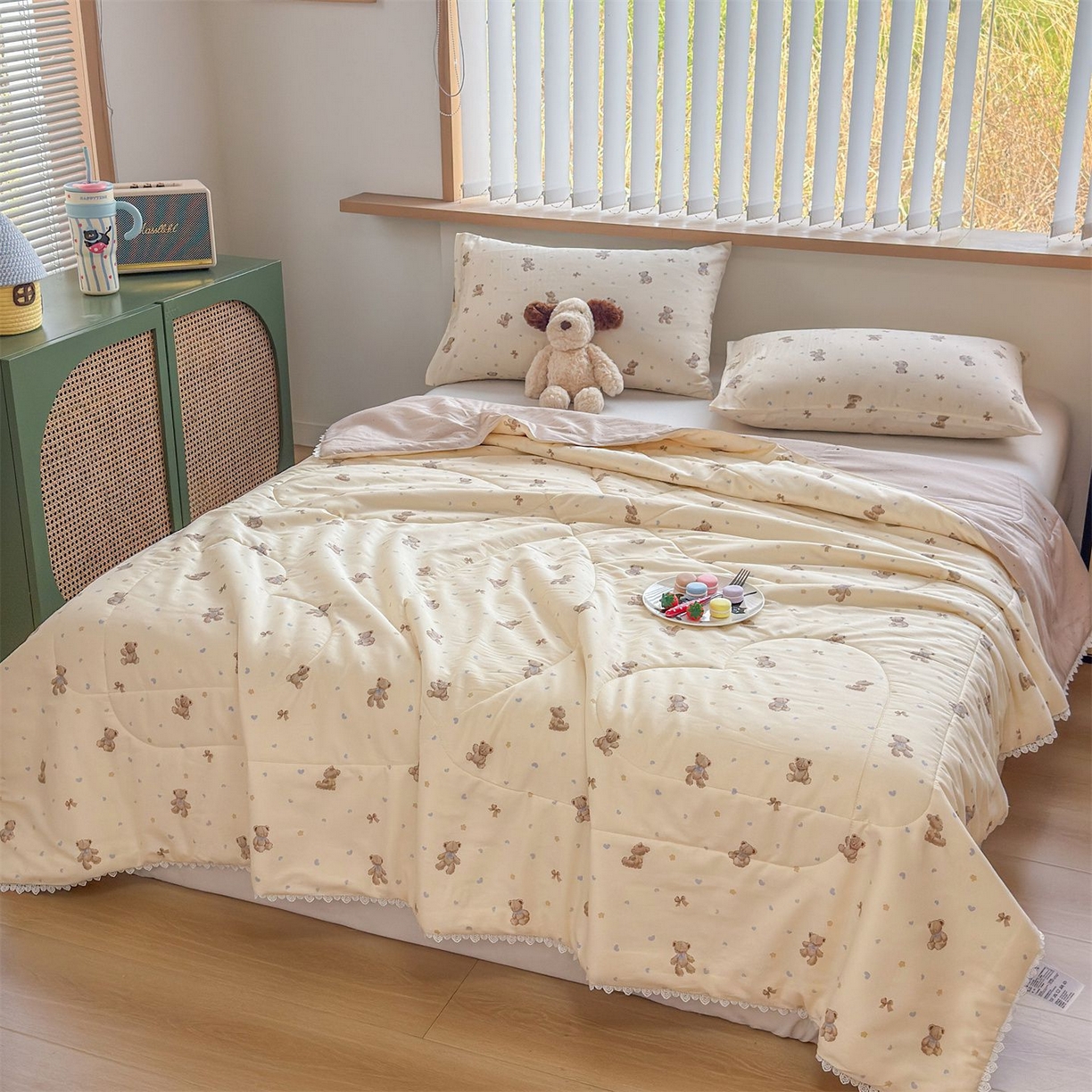 91家纺网 家纺一手货源 找家纺 晨晨家纺 2026新款双面全棉花边款新疆棉花夏被 泡泡熊