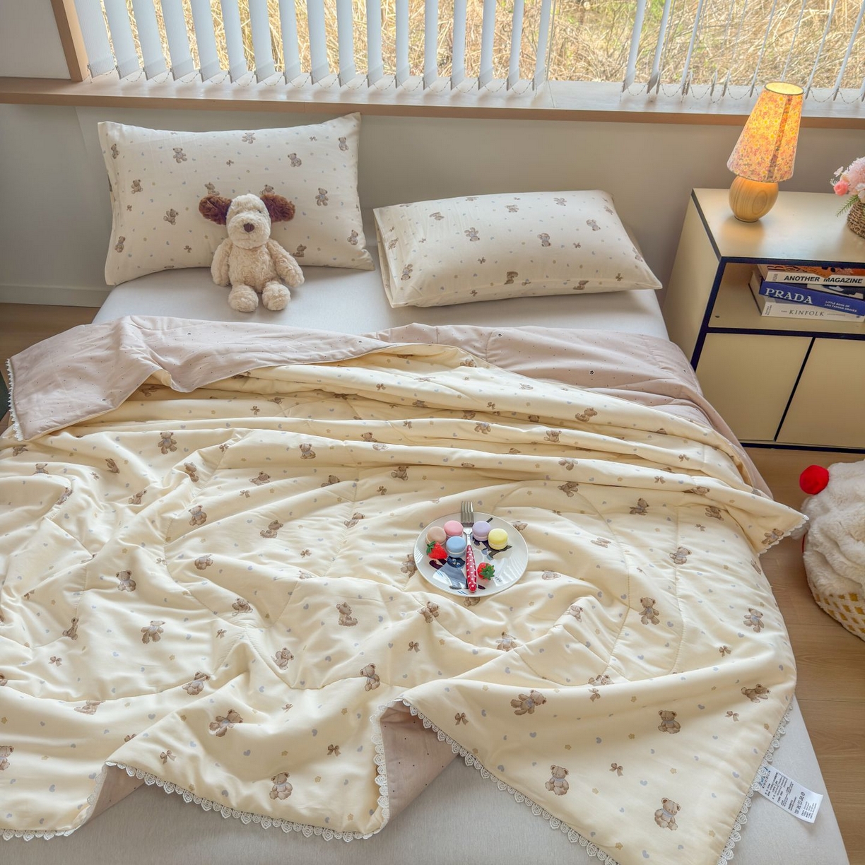 91家纺网 家纺一手货源 找家纺 晨晨家纺 2026新款双面全棉花边款新疆棉花夏被 泡泡熊