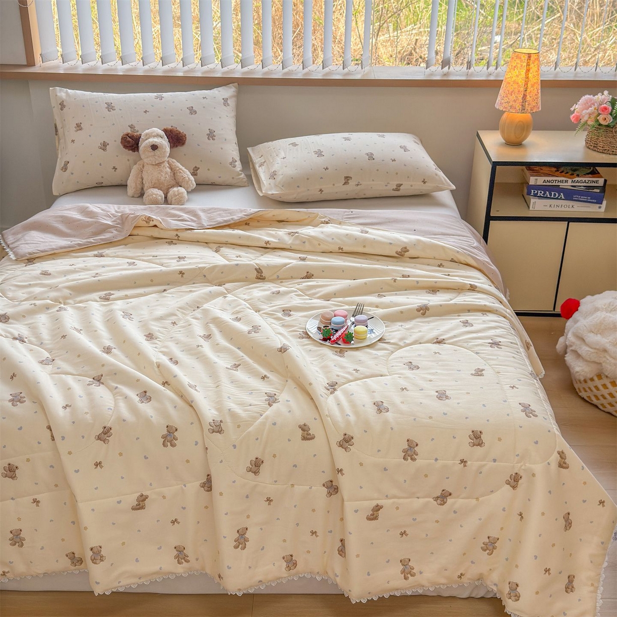 91家纺网 家纺一手货源 找家纺 晨晨家纺 2026新款双面全棉花边款新疆棉花夏被 泡泡熊