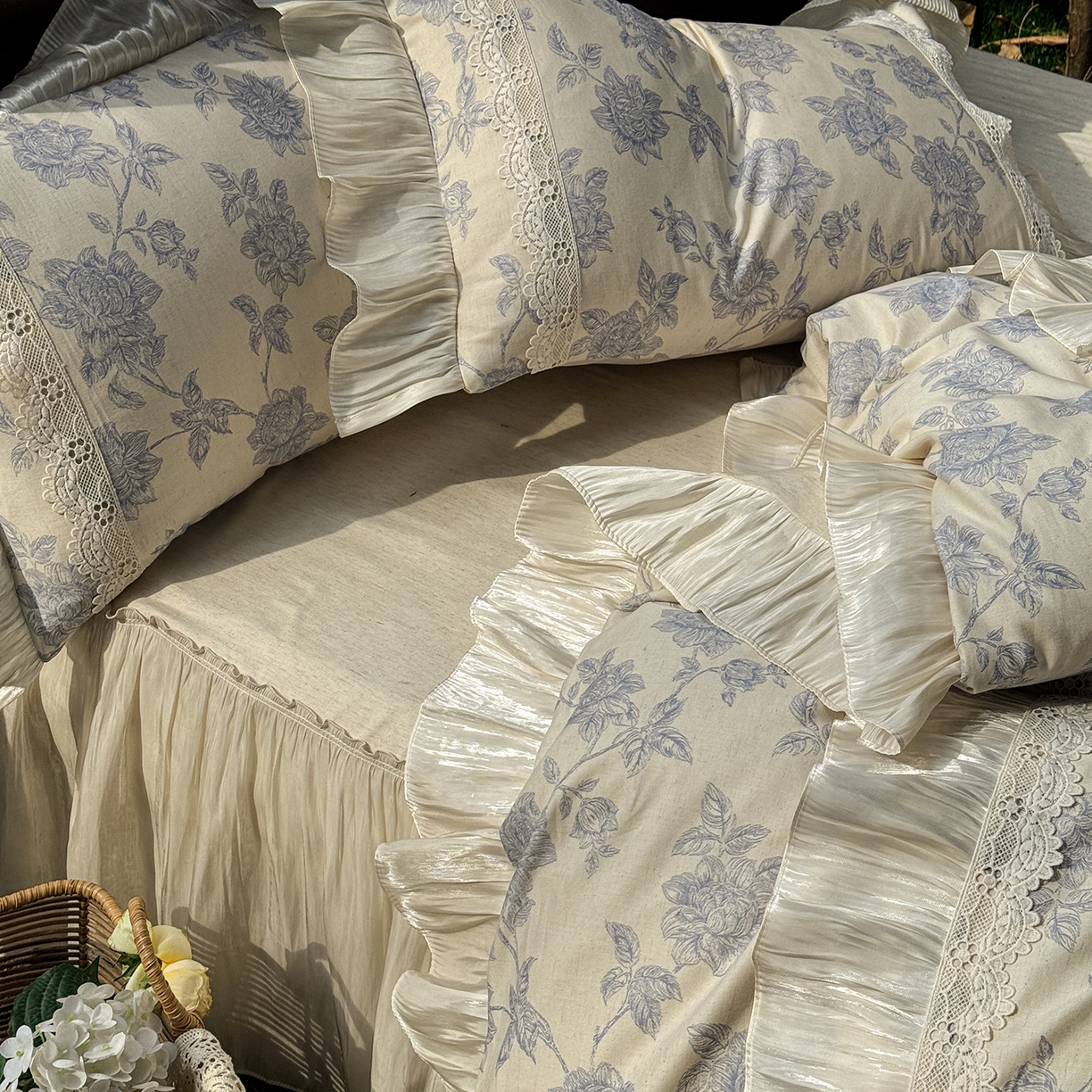 91家纺网 家纺一手货源 找家纺 （总）乐朵家居 2026新款 复古花镜 全棉棉麻 床裙四件套