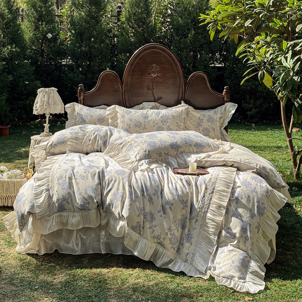 91家纺网 家纺一手货源 找家纺 （总）乐朵家居 2026新款 复古花镜 全棉棉麻 床裙四件套