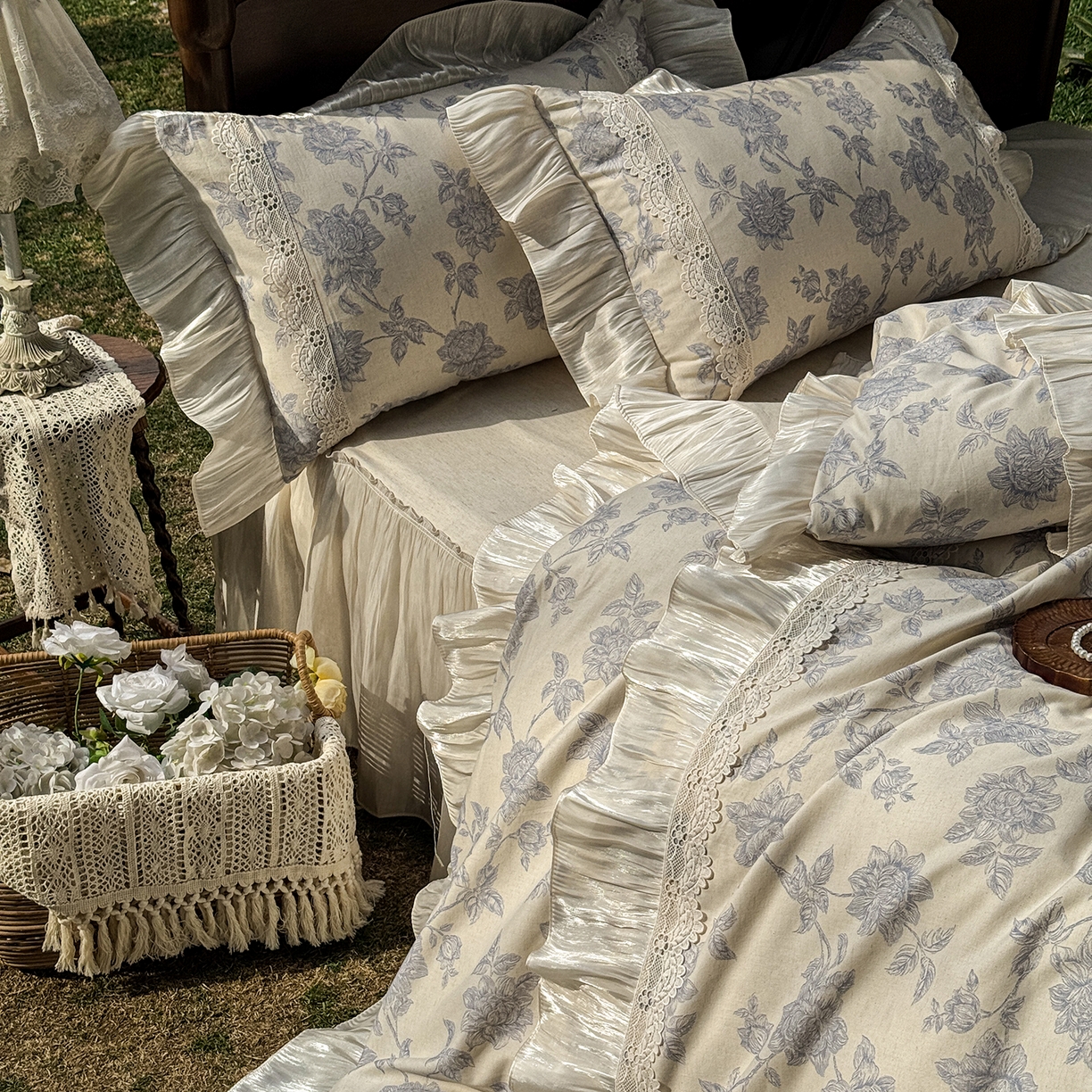 91家纺网 家纺一手货源 找家纺 （总）乐朵家居 2026新款 复古花镜 全棉棉麻 床裙四件套