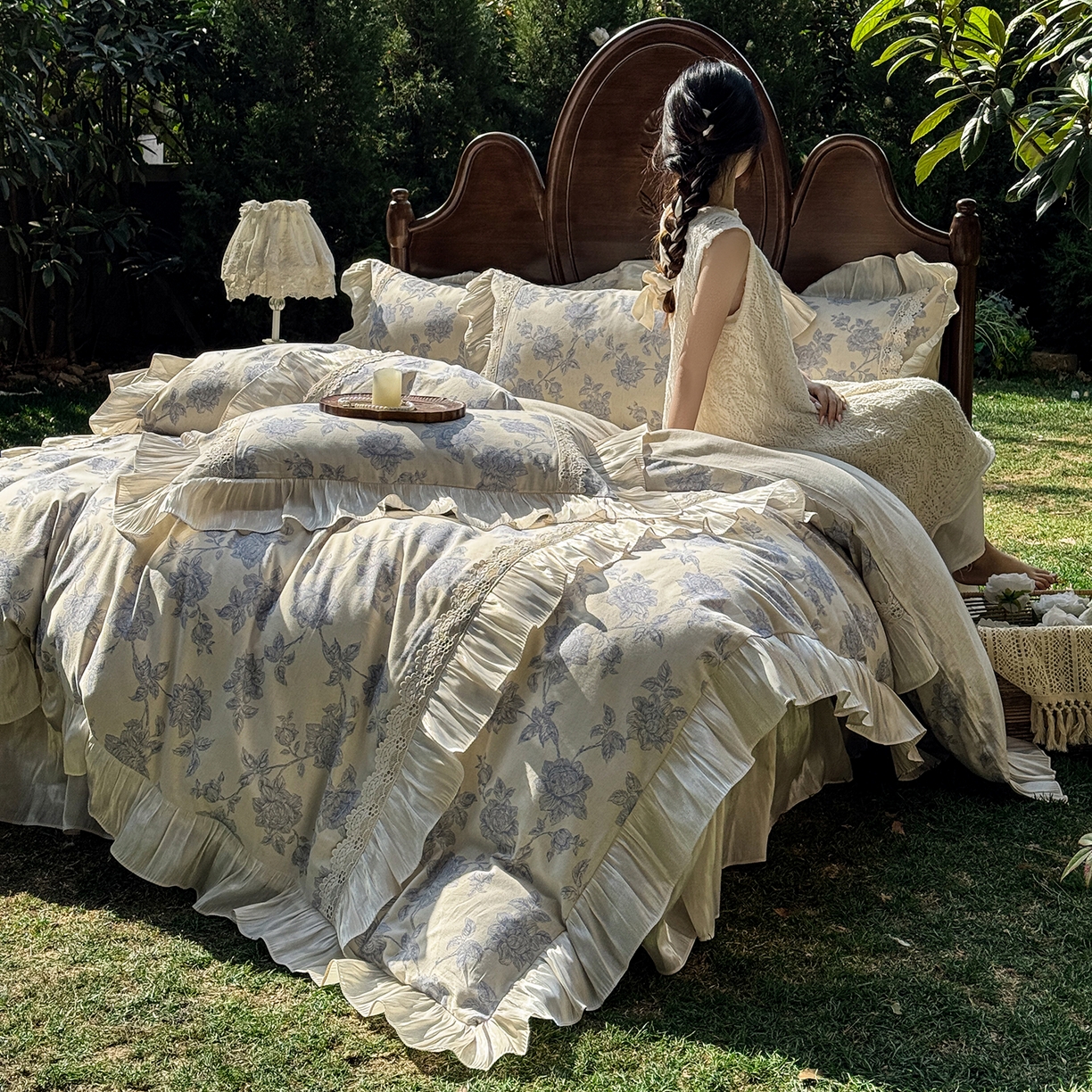 91家纺网 家纺一手货源 找家纺 （总）乐朵家居 2026新款 复古花镜 全棉棉麻 床裙四件套