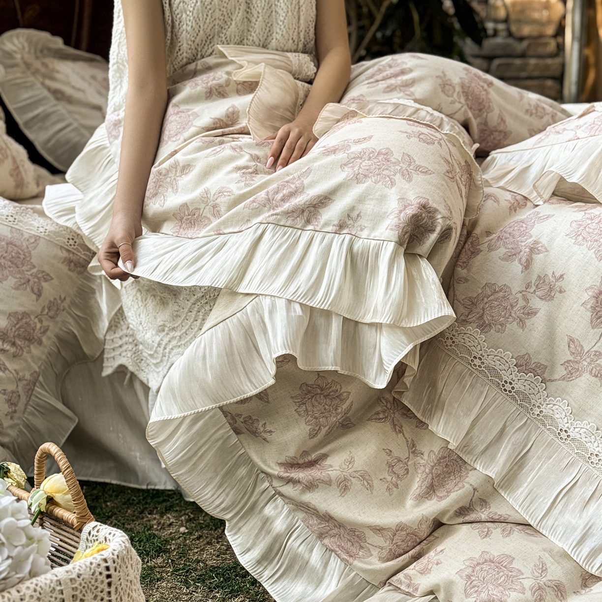 91家纺网 家纺一手货源 找家纺 乐朵家居 2026新款 复古花镜 全棉棉麻 床裙四件套 胭脂粉