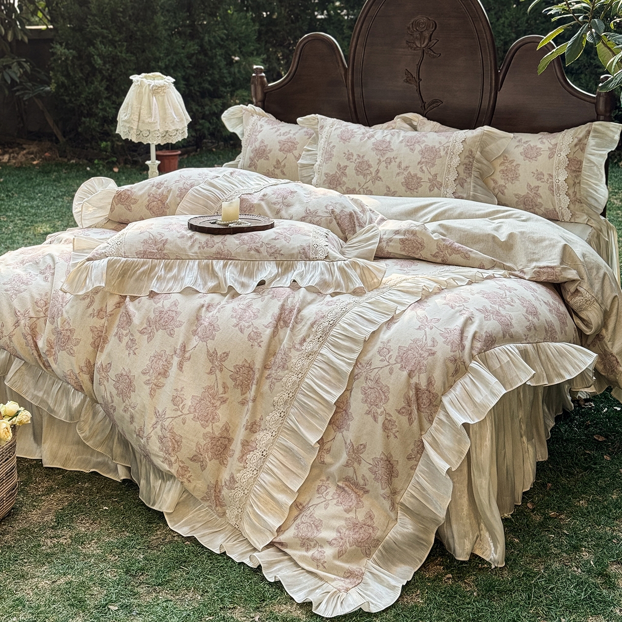 91家纺网 家纺一手货源 找家纺 乐朵家居 2026新款 复古花镜 全棉棉麻 床裙四件套 胭脂粉